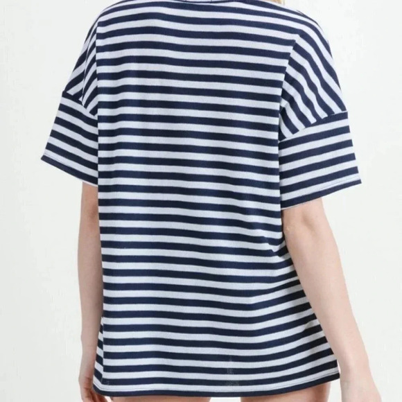 NEW Cotton Bleu Navy and White Ribbed High Low Top Size Small - Picture 4 of 6